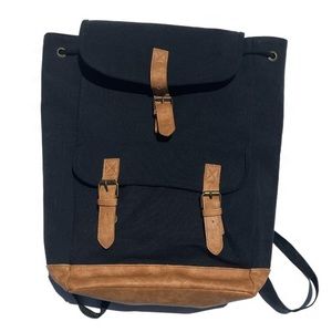 DSW black canvas and brown drawstring leather strap buckle leather backpack